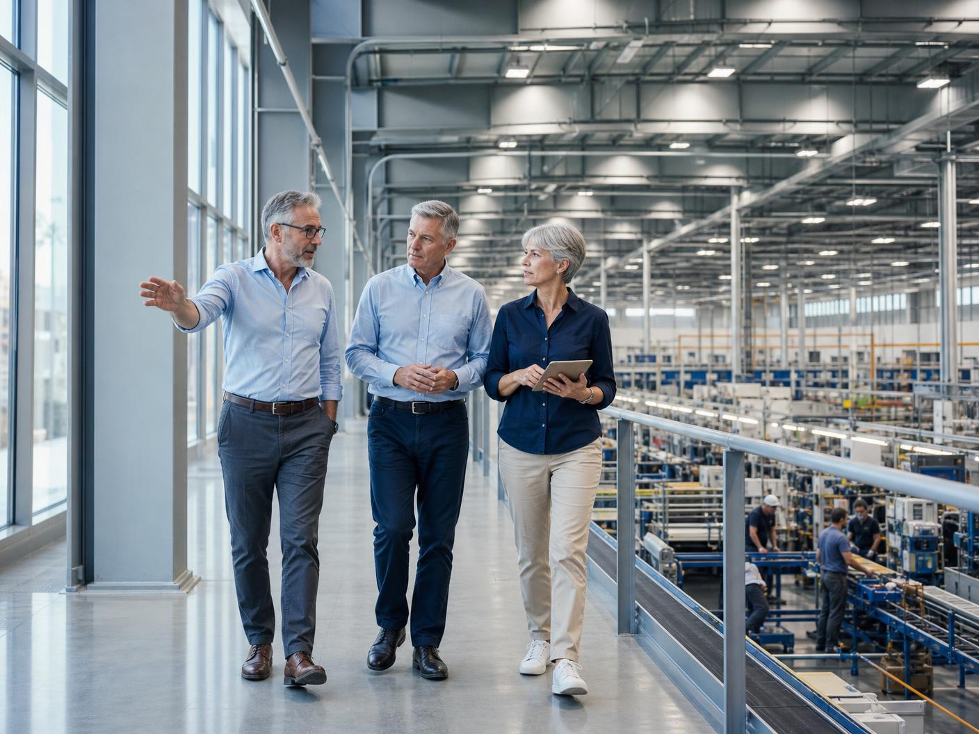 Senior business people walking a site together inside an operating facility